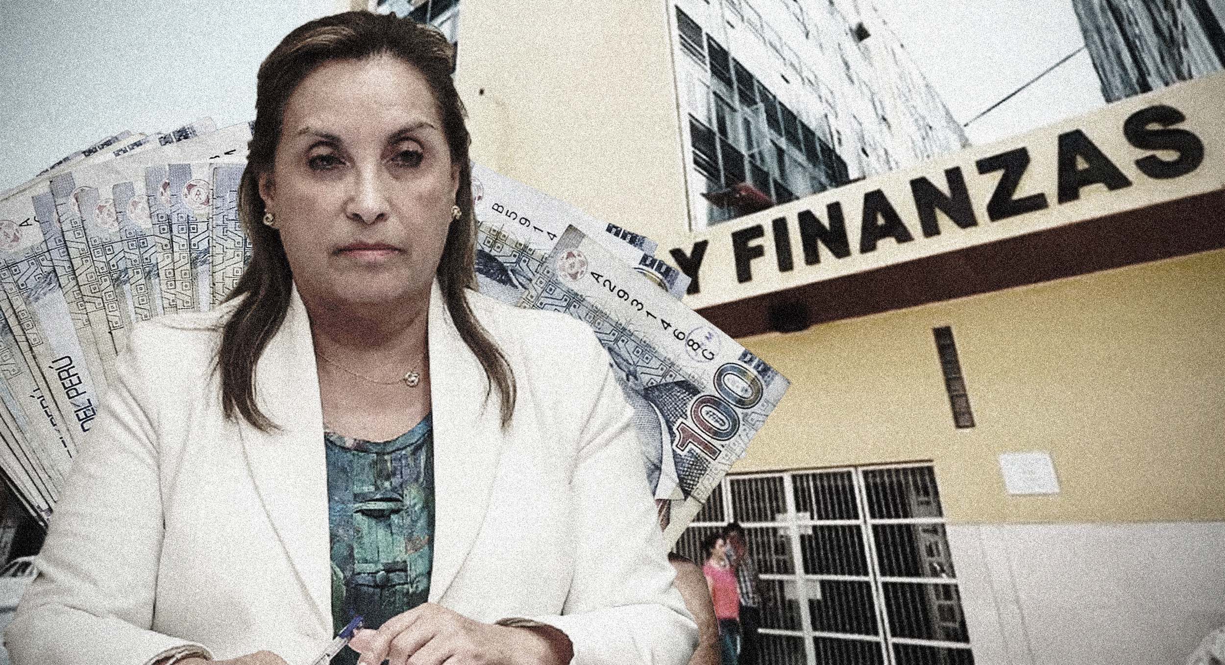Dina Boluarte y la fachada del Ministerio de Economía y Finanzas