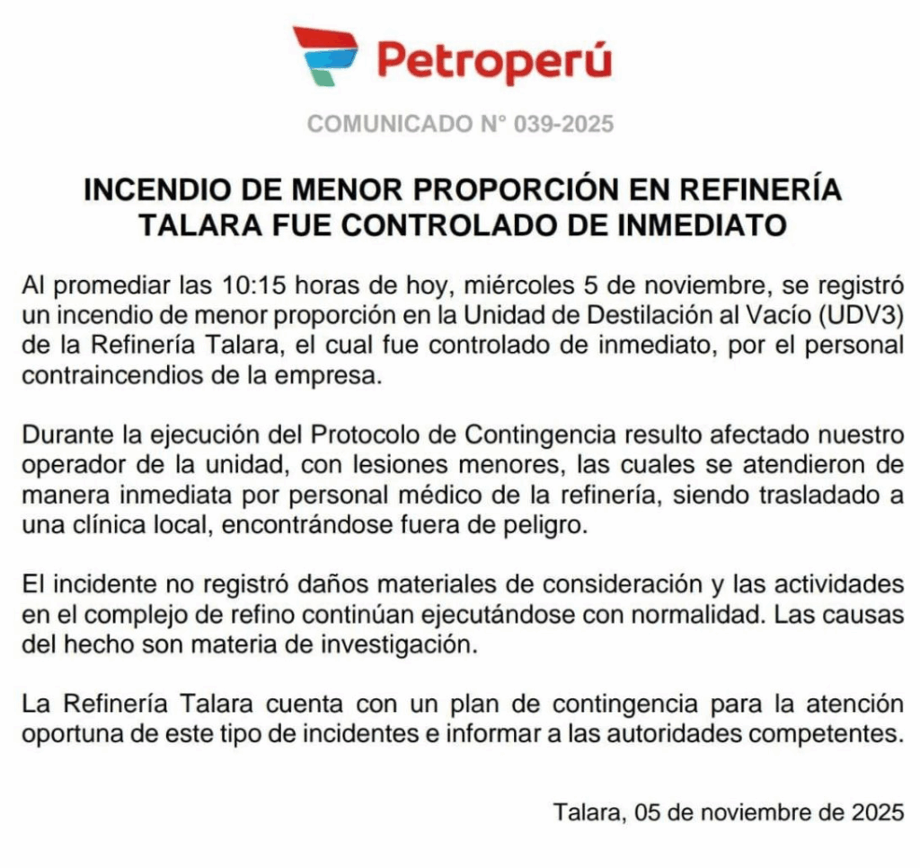 Comunicado de Petroperú sobre incendio