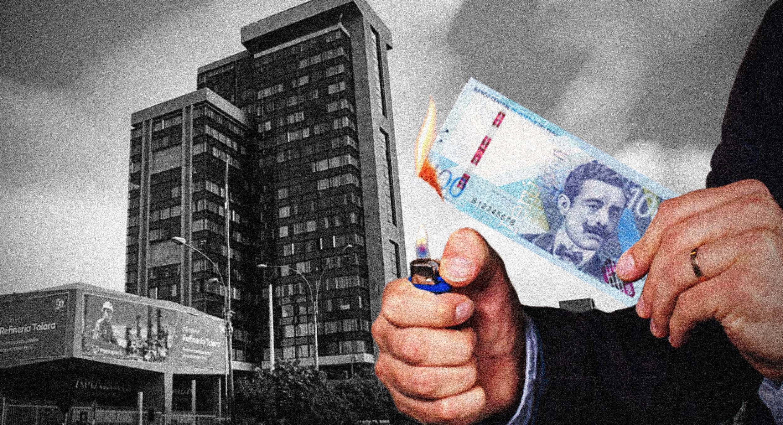 Fachada de Petroperú y unas manos con dinero incendiándose.